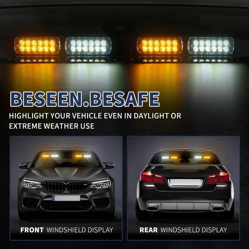 Tiannor Emergency Dash Strobe Lights,Amber White Safety Flashing Warning Hazard Windshield Visor Light Bars,Traffic Advisor Light Bar for Construction Vehicles, Tow/Plow Trucks Cars(2x9 inch, 48LEDs) - Image 5